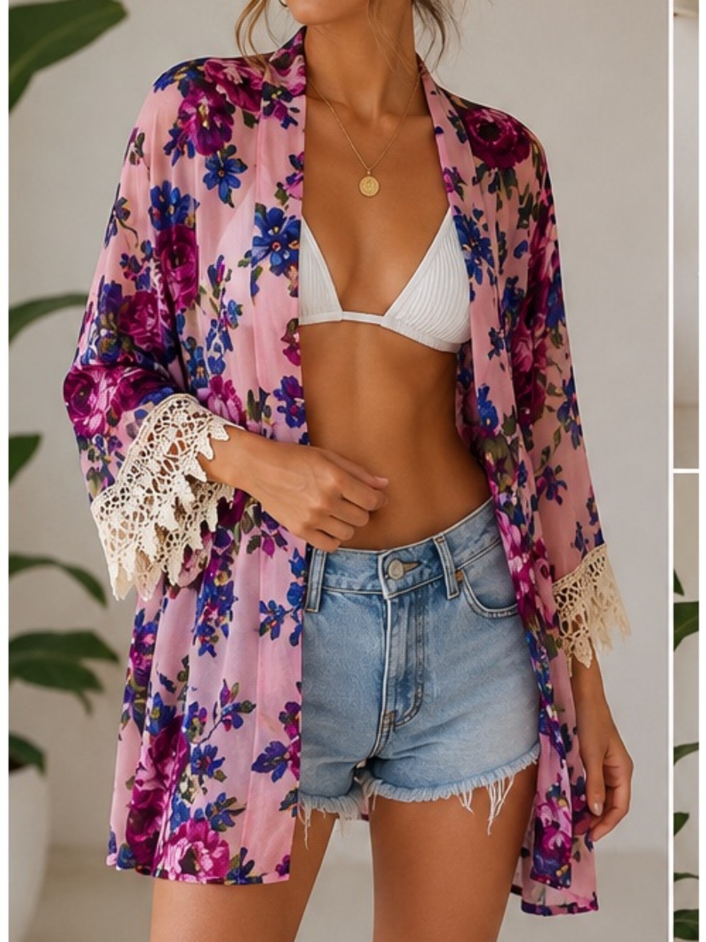Tobi Pink Floral Crochet-Trim Swim Coverup
